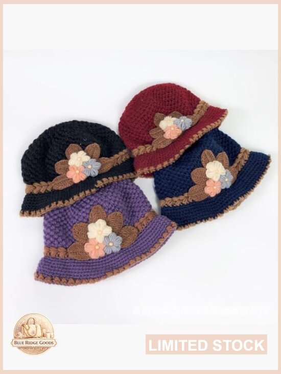 Winter Knitted Beanie with Flower Embroidery, Retro Warm Hat for Women, Y2K main image 7